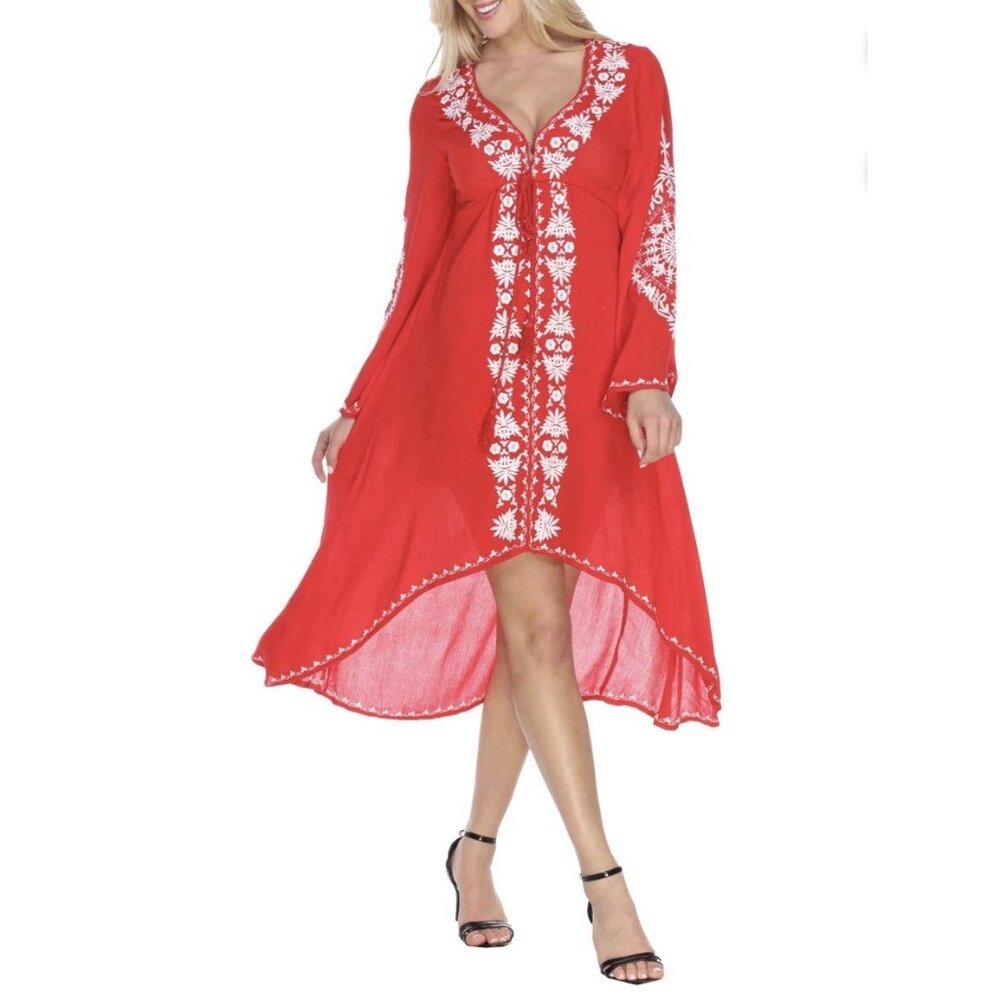 White Mark Couture Collection High Low‎ Red White Embroidered Dress Size Small